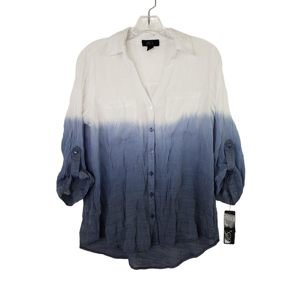 BCX Blouse Womens Small Button‎ Down Shirt Roll Tab Sleeve Blue White Ombre New